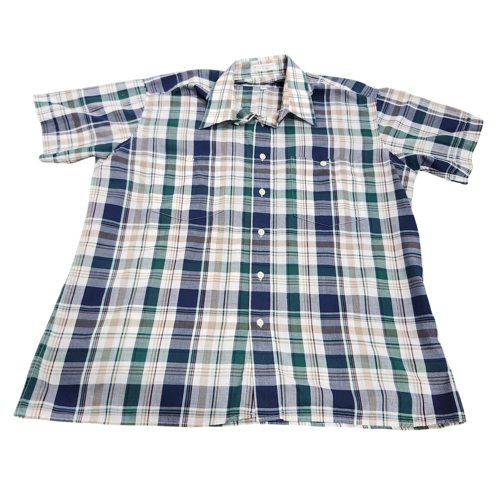 PIERRE CARDIN SHIRT MENS L PLAID BLUE GREEN BUTTON-DOWN SHORT SLEEVE EUC